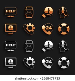 Set Telephone 24 hours support, Man with a headset, Lifebuoy, Monitor information, Information, Speech bubble text Help and Mobile and envelope icon. Vector