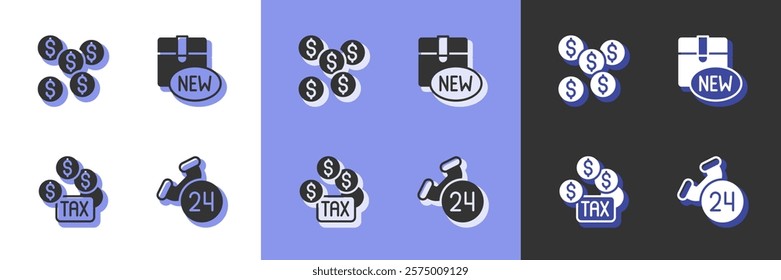 Set Telephone 24 hours support, Dollar symbol, Tax payment and New collection icon. Vector