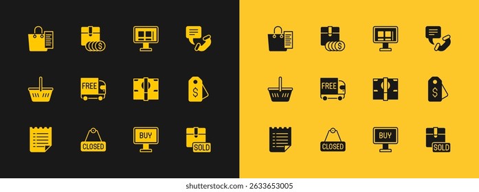 Set Telephone 24 hours support, Hanging sign with text Closed, Stacks paper money cash, Buy button, Free delivery service, Online shopping screen, Shopping list and Item price tag dollar icon. Vector