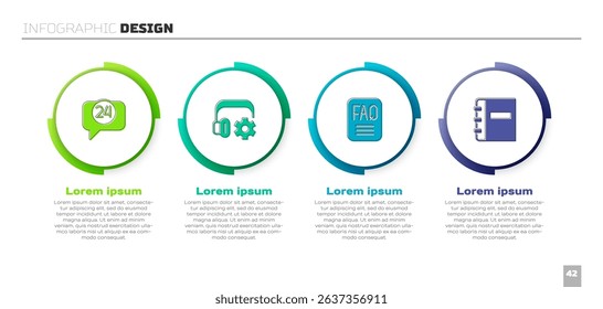 Set Telephone 24 hours support, Headphoneswith settings, FAQ information and Notebook. Business infographic template. Vector