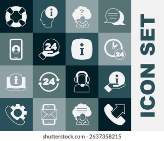 Set Telephone 24 hours support, Information, Clock, Head with question mark, Lifebuoy and  icon. Vector