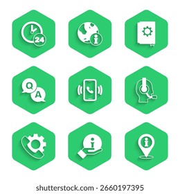 Set Teléfono 24 horas de Asistencia, Información, Locación con información, Auriculares Man, Pregunta y Respuesta, Manual de usuario e icono de reloj. Vector