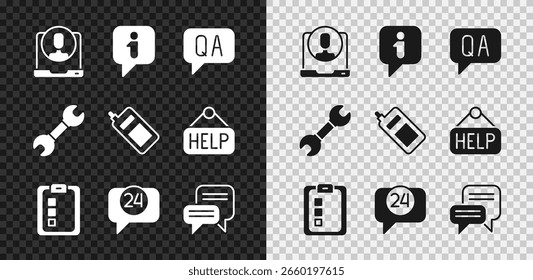 24 horas de Asistencia, información, pregunta y respuesta, cuestionario en línea, prueba, Encuesta, chat de burbujas de voz, llave inglesa e icono móvil. Vector