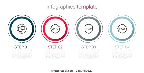 Set Telephone 24 hours support, Clock, Shield with text Help and Label FAQ. Business infographic template. Vector