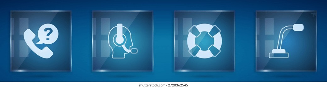 Set Telephone 24 hours support, Man with a headset, Lifebuoy and Microphone. Square glass panels. Vector
