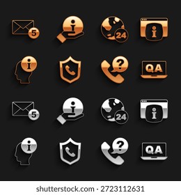 Definir suporte por telefone 24 horas, Monitor com informações de perguntas frequentes, Pergunta e resposta, Informações, Novo, mensagem de entrada de e-mail e ícone. Vetor