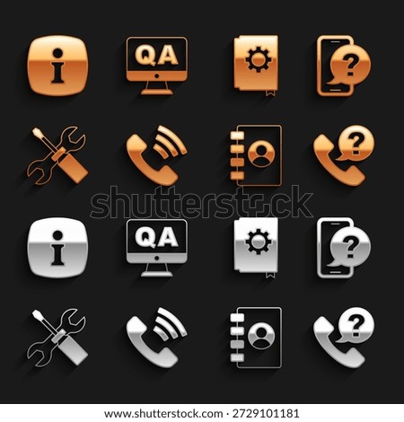 Set Telephone 24 hours support, Address book, Screwdriver and wrench spanner, User manual, Information and Question Answer icon. Vector