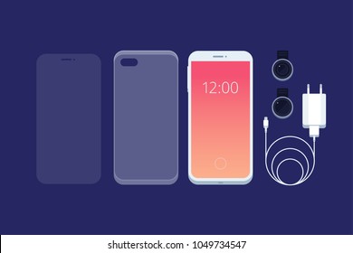 Set of telephone accessories: smartphone, cover, protective film, charger, lenses for mobile phone. Modern mobile technologies. Vector illustration.