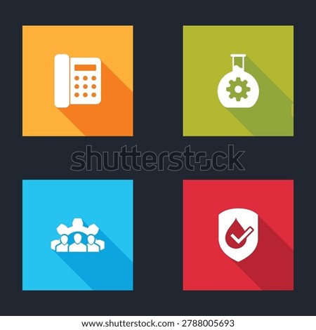 Set Telephone, Bioengineering, Project team base and Waterproof icon. Vector
