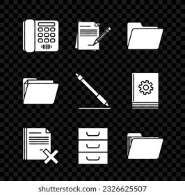 Set Telephone, Blank notebook and pencil with eraser, Document folder, Delete file document, Drawer documents,  and Pen line icon. Vector