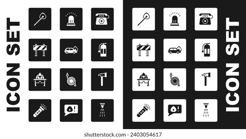Set Telephone call 911, Burning car, Road barrier, match with fire, Fire extinguisher, Ringing alarm bell, Firefighter axe and helmet icon. Vector