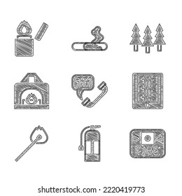 Set Telefon-Anruf 911, Feuerlöscher, Alarmsystem, Evakuierungsplan, Brandspiel mit Feuer, Innenfeuer, Wald und Feuerzeug Symbol. Vektorgrafik