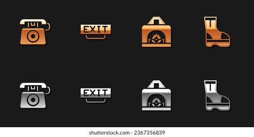 Set Telephone call 911, Fire exit, Interior fireplace and boots icon. Vector