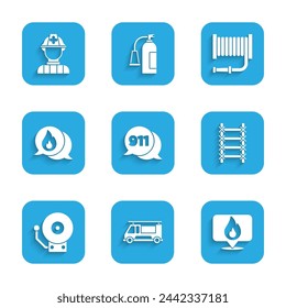 Set Telephone call 911, Fire truck, Location with fire flame, escape, Ringing alarm bell, hose reel and Firefighter icon. Vector