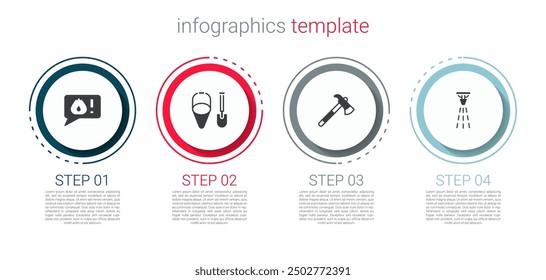 Set Telephone call 911, Fire shovel and bucket, Firefighter axe and sprinkler. Business infographic template. Vector