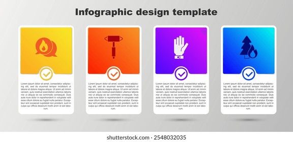 Llamada telefónica al 911, hacha de bombero, guantes y árbol de bosque en llamas. Plantilla de infografía de negocios. Vector