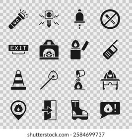 Set Telephone call 911, Firefighter helmet, Walkie talkie, Ringing alarm bell, Interior fireplace, exit, Flashlight and Lighter icon. Vector