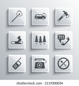 Set Telephone call 911, No fire match, Forest, Walkie talkie, Cigarette, Burning with and Firefighter axe icon. Vector