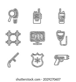 Set Telephone call 911, Police badge, electric shocker, Walkie talkie, rubber baton, Prison window,  and Footsteps icon. Vector