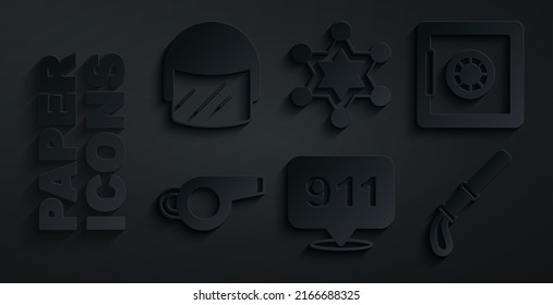 Set Telephone call 911, Safe, Whistle, Police rubber baton, Hexagram sheriff and helmet icon. Vector