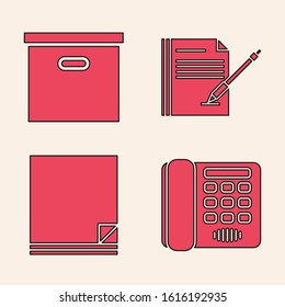 Set Telephone, Carton cardboard box, Blank notebook and pen and File document icon. Vector