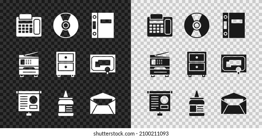 Set Telephone, CD or DVD disk, Office folders, Chalkboard with diagram, Glue, Envelope, Printer and Drawer documents icon. Vector