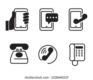 Set of telephone and cellphone icon in simple black design isolated on white background