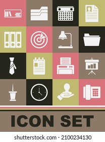 Set Telephone, Chalkboard with diagram, Document folder, Calendar, Target sport, Office folders, Shelf books and Table lamp icon. Vector