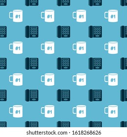 Set Telephone and Coffee cup flat on seamless pattern. Vector
