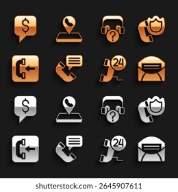 Definir conversa telefônica, fone com escudo, E-mail de e-mail, suporte 24 horas, Chamada de entrada, Pergunta de fones de ouvido, Pago e ícone de localização do centro de chamadas. Vetor