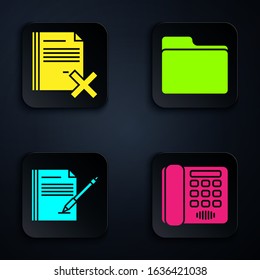 Set Telephone, Delete file document, Blank notebook and pen and Document folder. Black square button. Vector
