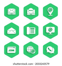 Set Telephone, Earth globe with mail, speech bubble chat, Mail and e-mail, Website template, Envelope, Location and Laptop envelope icon. Vector