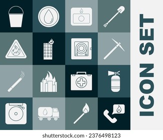Set Telephone with emergency call 911, Fire extinguisher, Pickaxe, alarm system, burning building, flame triangle, bucket and hose cabinet icon. Vector