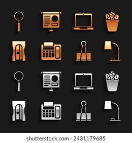 Set Telephone, Full trash can, Table lamp, Binder clip, Pencil sharpener, Laptop, Magnifying glass and Chalkboard with diagram icon. Vector
