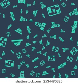 Set Telephone, Gps device with map, Motion sensor and Smartwatch on seamless pattern. Vector