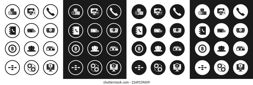 Set Telephone handset, Address book, Cryptocurrency Bitcoin, Stacks paper money cash, Financial chart or graph the computer monitor mobile, Money lock and  icon. Vector
