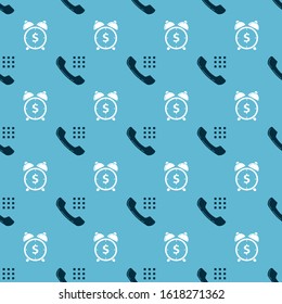 Set Telephone handset and Alarm clock with dollar symbol on seamless pattern. Vector