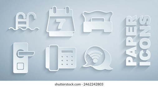 Set Telephone handset, Bedroom, Digital door lock, Wi-Fi wireless internet, Hotel booking calendar and Swimming pool icon. Vector