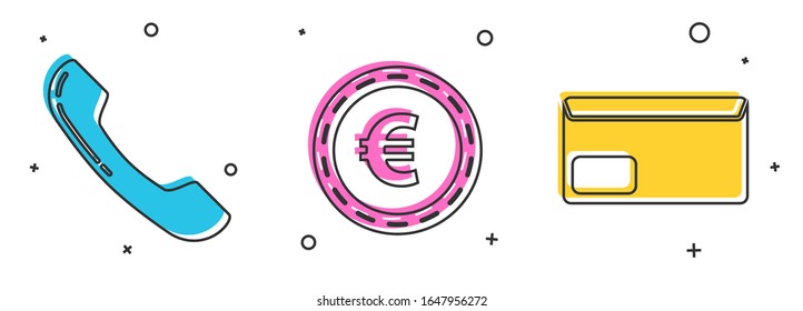 Set Telephone handset, Coin money with euro symbol and Envelope icon. Vector