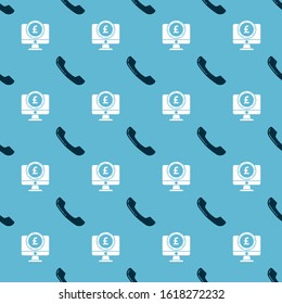 Set Telephone handset and Computer monitor with pound sterling symbol on seamless pattern. Vector