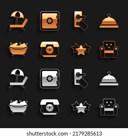 Set Telephone handset, Covered with tray of food, Armchair, Stars rating, Bathtub, Digital door lock, Sunbed umbrella and Safe icon. Vector