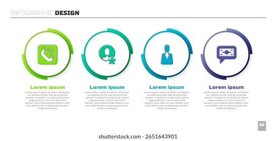 Set Telephone handset, Elected employee, Employee and Stacks paper money cash. Business infographic template. Vector