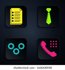 Set Telephone handset, File document, Gear and Tie. Black square button. Vector