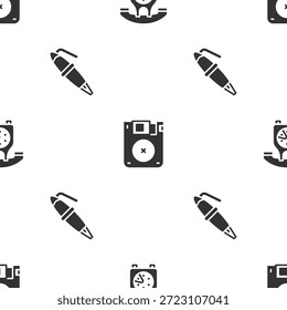 Setzen Sie Telefonhörer, Diskette und Füllfederhalter auf nahtloses Muster. Vektorgrafik
