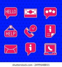 Set Telephone handset, Information, 24 hours support, Mail e-mail, Signboard with text Help, Speech bubble chat and Hello in different languages icon. Vector