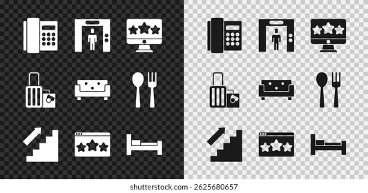 Set Telephone handset, Lift, Five stars rating review, Stairs up, Hotel room bed, Suitcase and Sofa icon. Vector