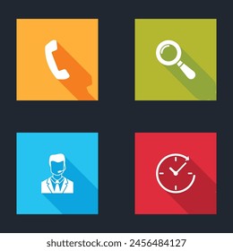 Set Telephone handset, Magnifying glass, Man with headset and Clock arrow icon. Vector