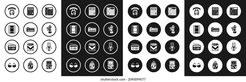 Set Telephone handset, Music synthesizer, Play Video, Camera roll cartridge, Calculator, Microphone and Radio with antenna icon. Vector