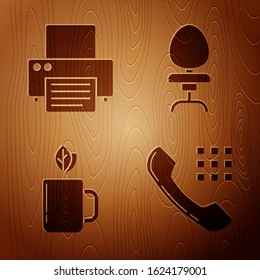 Set Telephone handset, Printer, Cup of tea and leaf and Office chair on wooden background. Vector