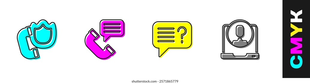 Set Telephone handset with shield, conversation, Unknown search and 24 hours support icon. Vector